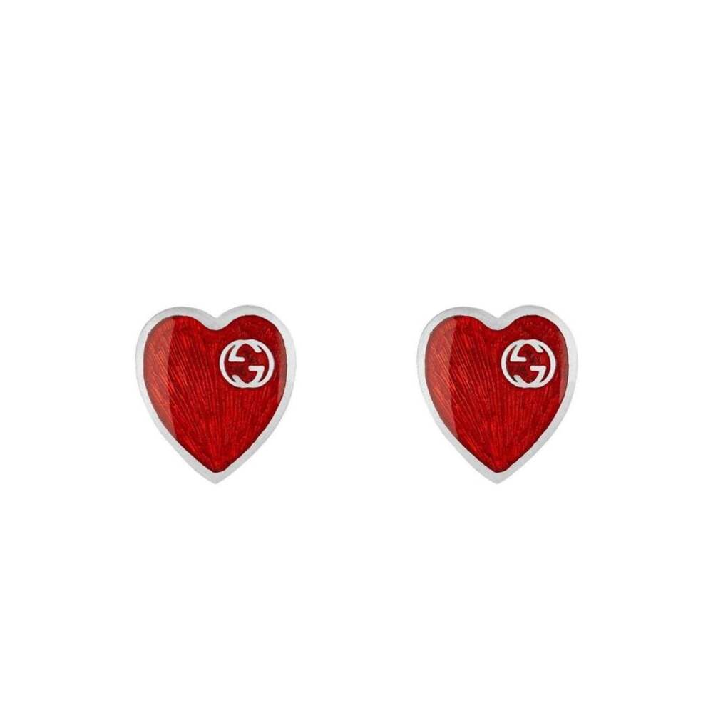 Gucci - Interlocking G Heart Stud Earrings in Sterling Silver with Red Enamel